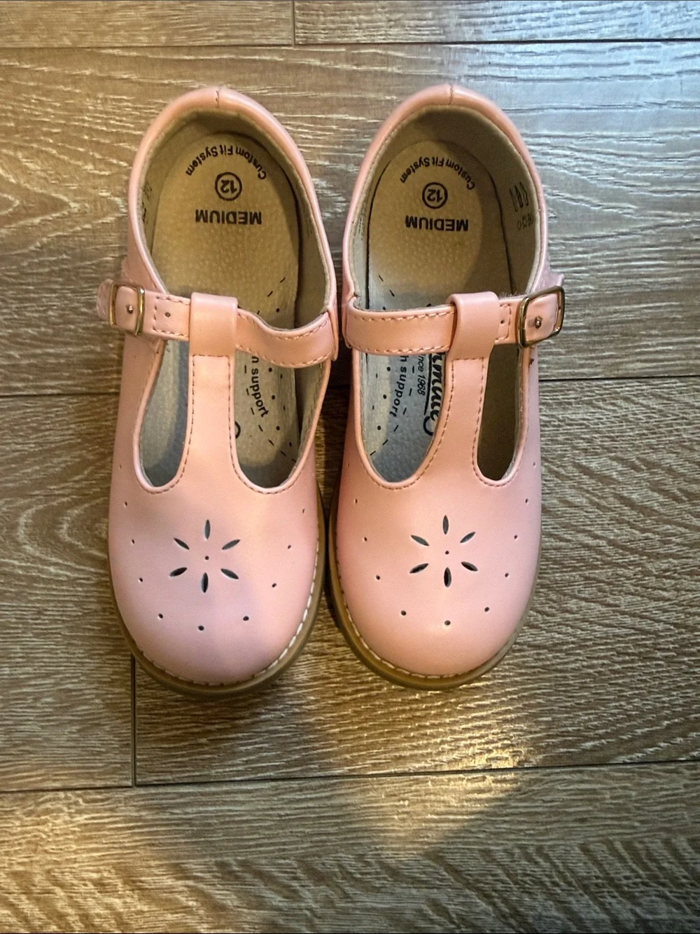 Footmates Girls Pink T-Strap Dress Shoes with Floral Cutouts